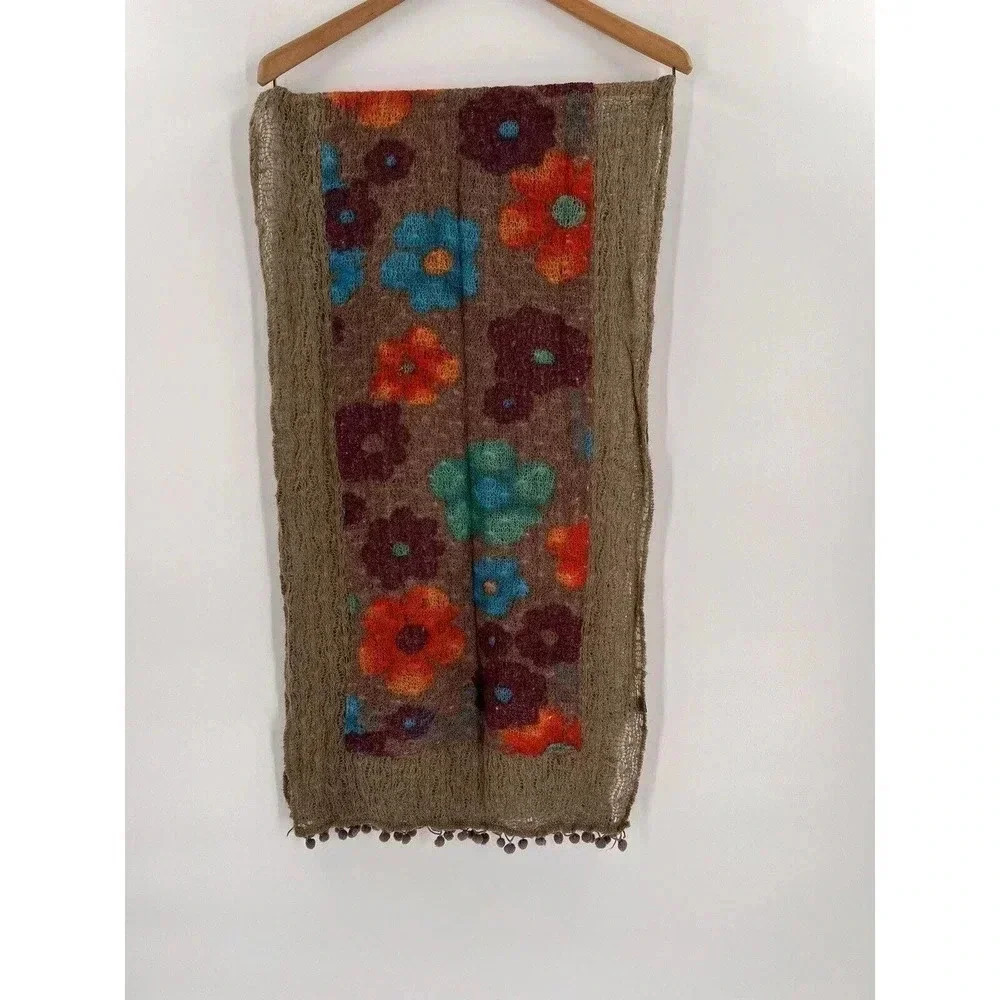 Womens Rikka Brown Loose Knit Scarf Flower Design Mini Pom Pom Edge 18x66"BOHO
